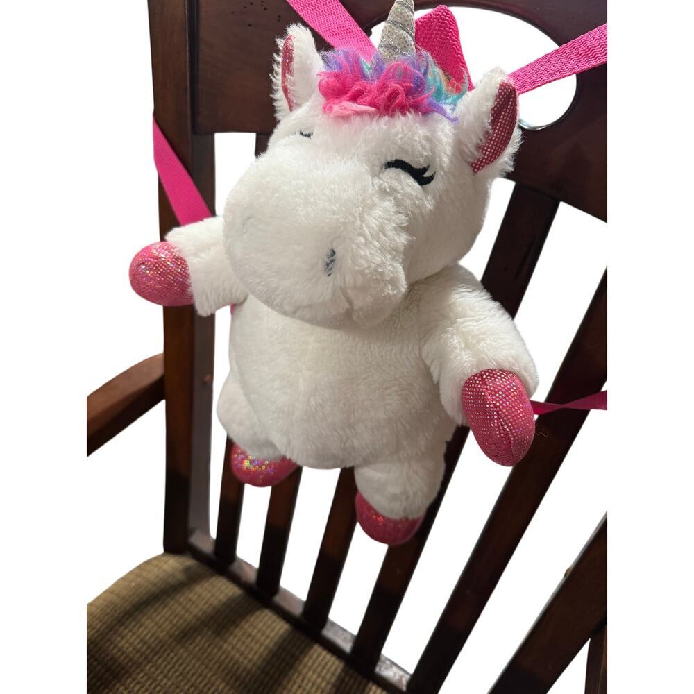 Claire’s Club Plush Unicorn Backpack White Pink Zipper Closure Adjustable Straps